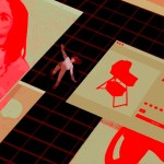 Surreal illustration of a woman falling through a digital landscape filled with oversized online images and shopping interfaces, including an image of a mother and a baby product.