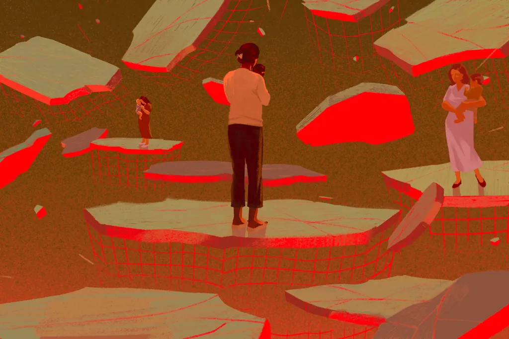 Surreal illustration of mothers holding babies while standing alone on separate broken platforms suspended in space. Red wireframe grids wrap around the fragments, suggesting the fractured and unstable landscape of parenthood.