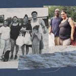 A collage of photos showing Christina Parks with Sand Branch residents outdoors, including a group holding bags of food and two people standing beside a car.