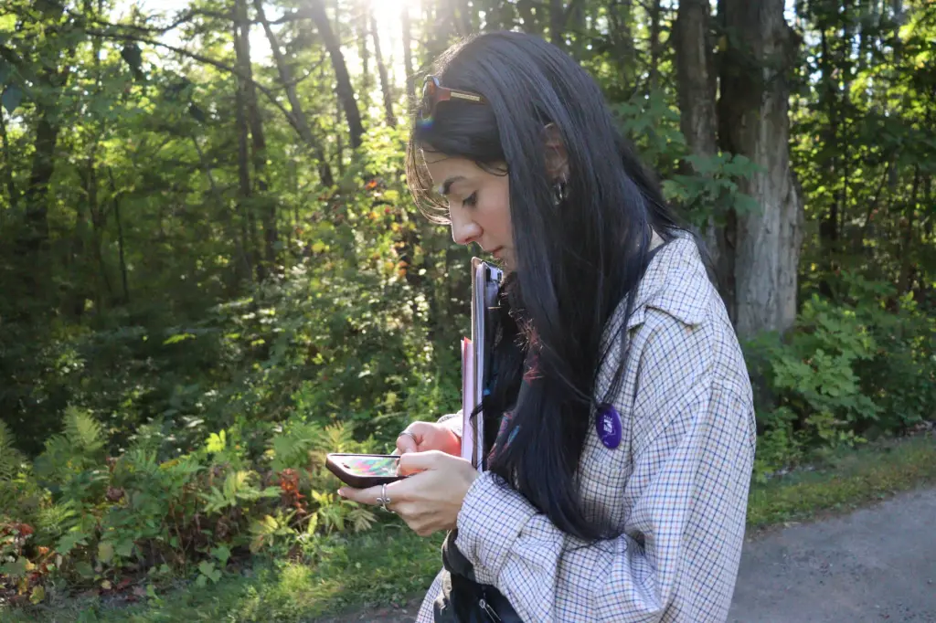 A woman looks at her phone while walking down a street with trees in the backdrop.