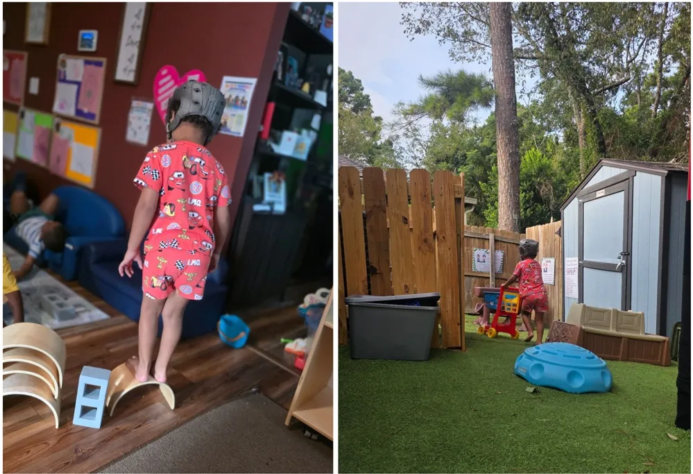 A young child in a red patterned outfit and protective helmet plays indoors and outside.