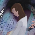 An illustration of a pregnant Latina woman looking down toward her womb. She is surrounded by textures of scratches, pills, pink meat and dirt.
