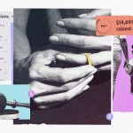Collage featuring a black-and-white close-up of hands cradling a baby’s foot, layered with images of a crowdfunding donation page, a judge’s gavel and a young girl holding an adult’s hand.