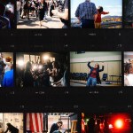 A film contact sheet displays photographs of Peggy Flanagan, Gina Hinojosa and Keisha Lance Bottoms on the campaign trail, including candid moments, interactions with supporters, media interviews and preparations for public appearances. The images are arranged in rows against a black background with film frame numbers and markings.