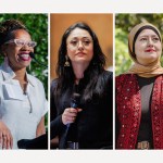 A triptych of three Muslim women lawmakers. From left, Rep. Lateefah Simon smiles while speaking into a microphone, Washington state Sen. Yasmin Trudeau holds a microphone in a legislative chamber, and Georgia state Rep. Ruwa Romman wears a tan hijab and red embroidered vest outdoors.