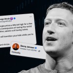 A black-and-white portrait of Mark Zuckerberg appears beside Facebook post screenshots. One makes a false claim about Democrats transitioning children while parents are at work; another shows Benny Johnson replying, “Honestly.” The background is dark with blue binary digits.